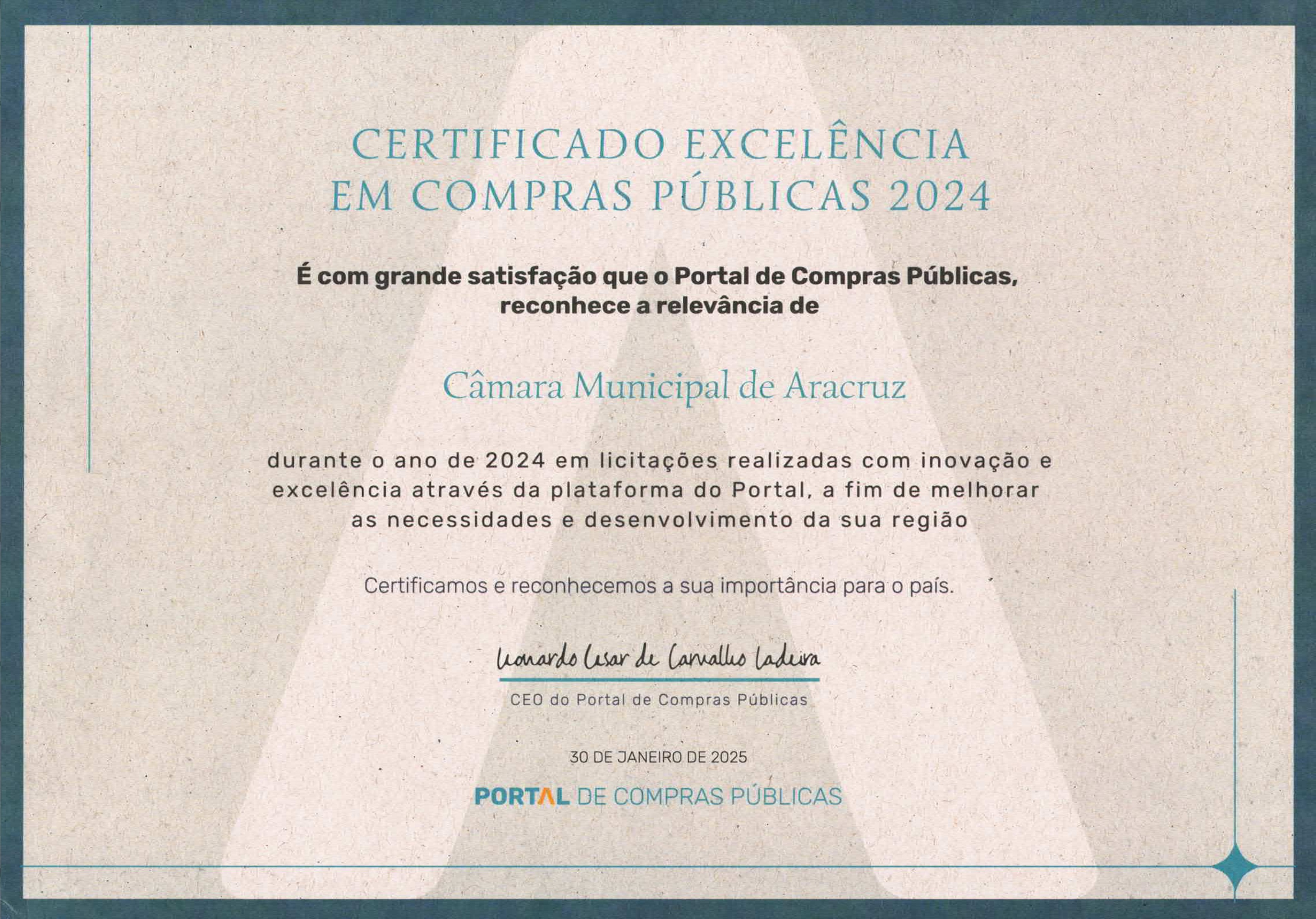 CÂMARA DE ARACRUZ É CERTIFICADA COMO O GRAU DE EXCELÊNCIA EM COMPRAS PÚBLICAS 2024